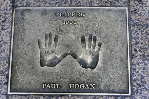 Metal plate with handprints and inscription by Paul Hogan, Flipper 1996, London, England, Great Britain