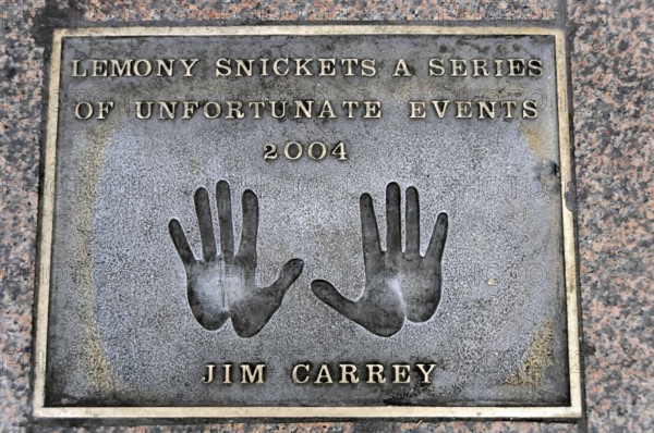 Commemorative plaque with handprints and inscription for Jim Carrey from 2004, London, England, Great Britain