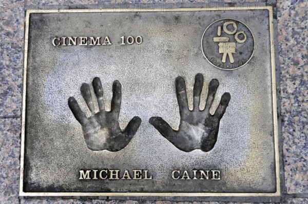 Metal plate with handprints and the inscription of Michael Caine, Cinema 100, London, England, Great Britain