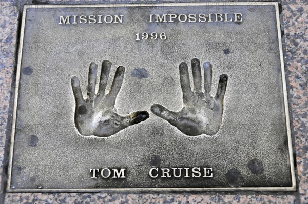 Memorial plaque with handprints and inscription for Tom Cruise from 1996, London, England, Great Britain