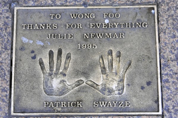 Memorial plaque with handprints and inscription for Patrick Swayze from 1995, London, England, Great Britain