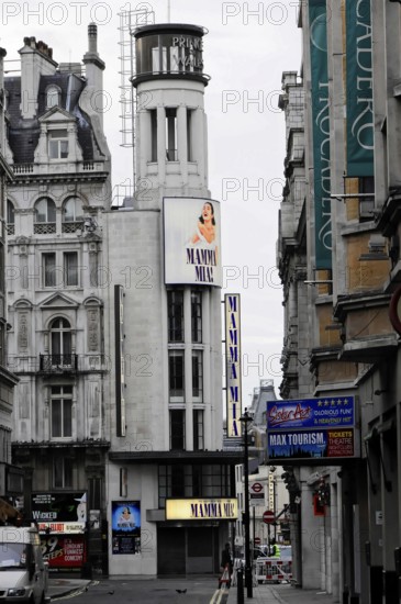 London, England, Great Britain, Europe, City theatre facade with an advertising poster for a show