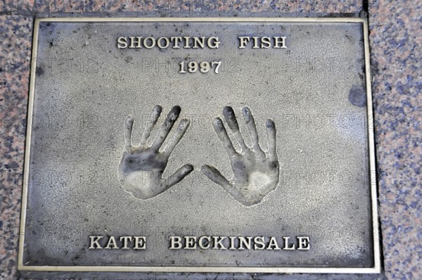Handprints of Kate Beckinsale on a pavement slab from 1997, London, England, Great Britain
