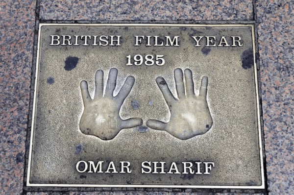 Omar Sharif's handprints for British Film Year 1985 on a metal plate, London, England, Great Britain