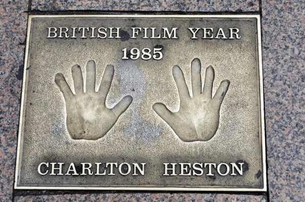 Charlton Heston's handprints for British Film Year 1985 on a metal plate, London, England, Great Britain