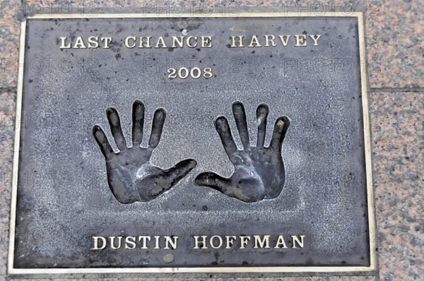 Handprints of Dustin Hoffman for the film Last Chance Harvey on a metal plate, London, England, Great Britain