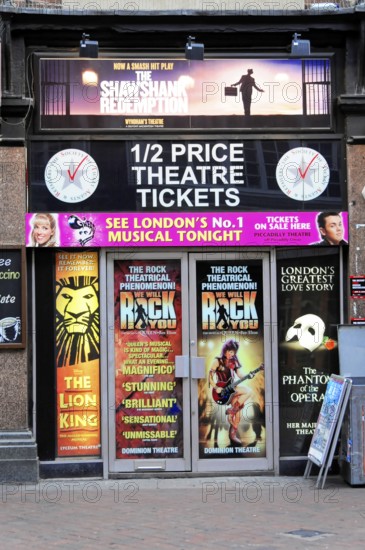 London, England, Great Britain, Europe, Colourful theatre facade in London with posters for current musicals