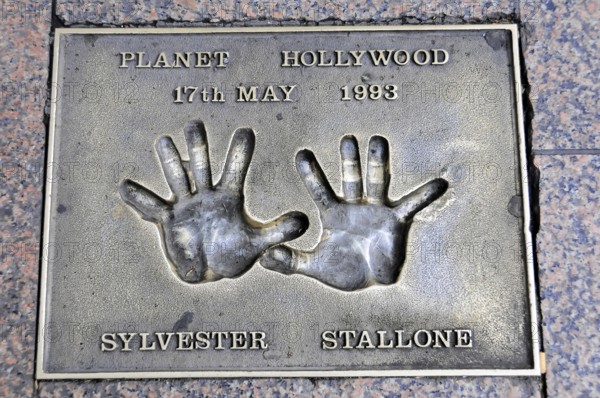 Sylvester Stallone's handprints for Planet Hollywood on a metal plate, London, England, Great Britain
