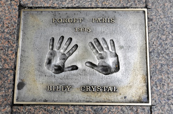 Billy Crystal's handprints for the film Forget Paris on a metal plate, London, England, Great Britain