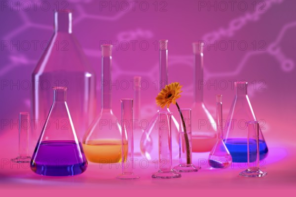 Variety of partly filled laboratory glassware including a flower head in violet illuminated ambiance