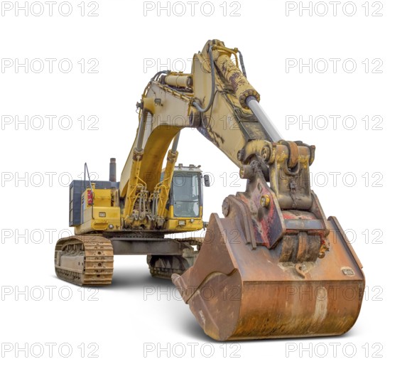 Dynamic shot of a yellow excavator with huge shovel in white back with shadow