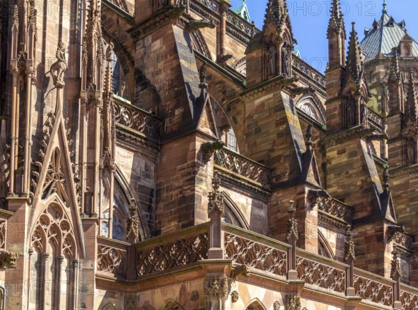 Sunny detail of the Strasbourg Cathedral in Strasbourg, a city at the Alsace region in France