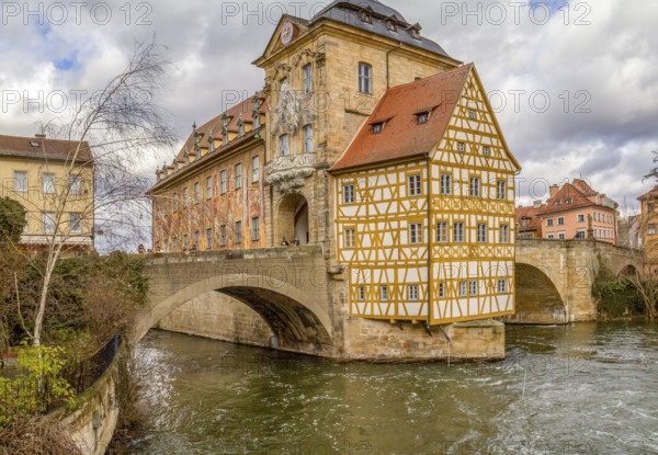 Idyllic riverside scenery in Bamberg, a town in Upper Franconia, Germany