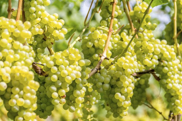 Detail of white grapes in a sunny illuminated vineyard