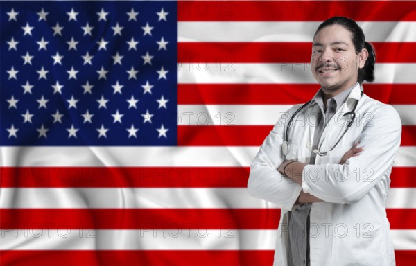 United States Health and Care concept. Male doctor on United States flag. Doctor with crossed arms on United States flag