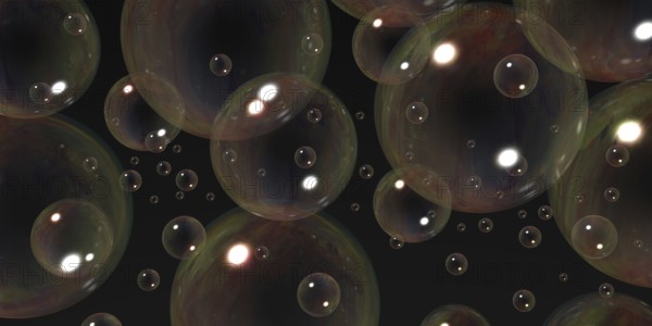 Lots of multicolored soap bubbles in black back