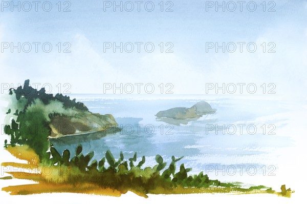 Watercolor painting showing a coastal landscape in Tuscany at summer time