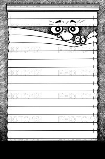 Black and white hatched illustration showing a comic-styled face lurking through a sunblind