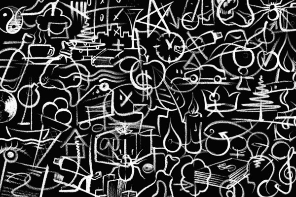 Lots of white crayon painted symbols on dark board