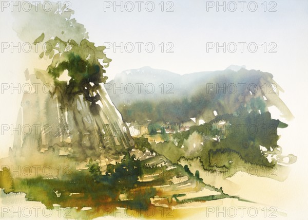 Watercolor painting showing a landscape in Tuscany at summer time