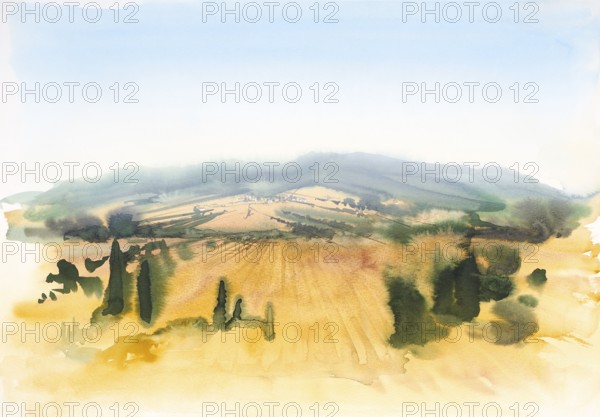 Watercolor painting showing a landscape in Tuscany at summer time