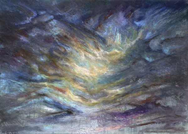Abstract picture painted by me showing a mountain and valley in pastel colors