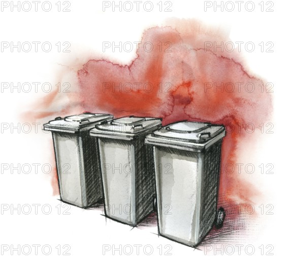 Watercolor and crayon illustration showing some grey garbage cans in red back
