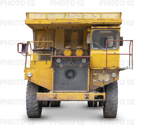 Rundown yellow haul truck isolated in white back with shadow