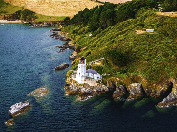 St Anthony Lighthouse from drone, Roseland peninsula, Head circular walk, Cornwall, UK