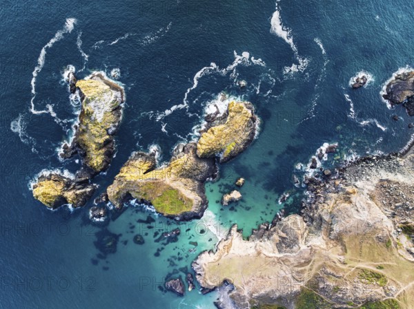Top Down view over Kynance Cove from a drone, Mount's Bay, Lizard Point, Cornwall, England, United Kingdom