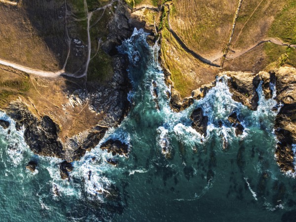 Top Down view over cliffs from a drone, Lizard Peninsula, South West Coast Path, Lizard, Cornwall, England, United Kingdom