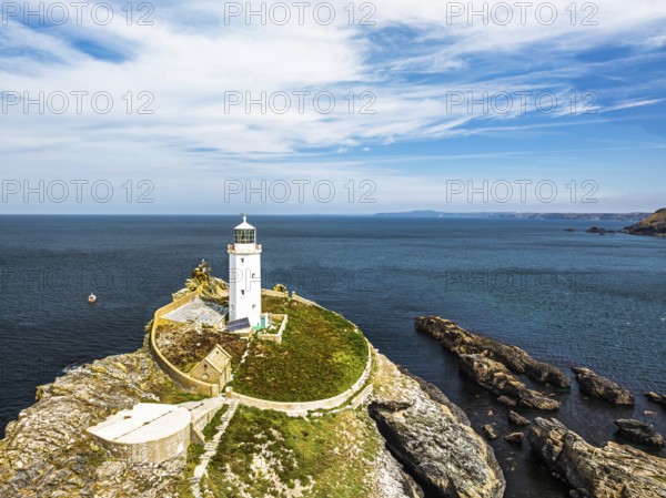 Godrevy Lighthouse from a drone, Godrevy Island, St Ives Bay, Cornwall, England, United Kingdom