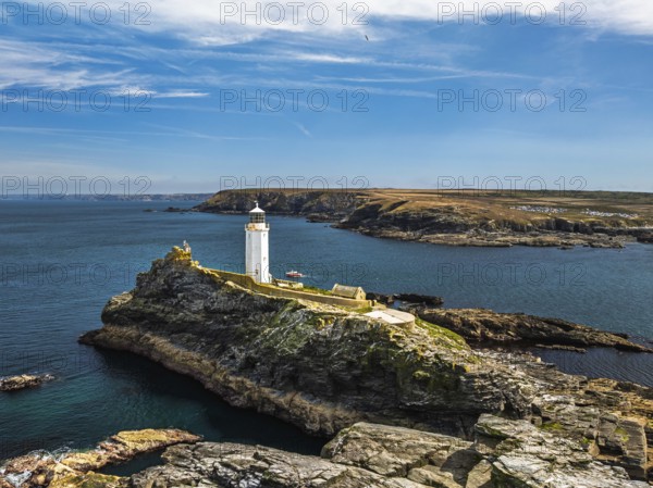 Godrevy Lighthouse from a drone, Godrevy Island, St Ives Bay, Cornwall, England, United Kingdom
