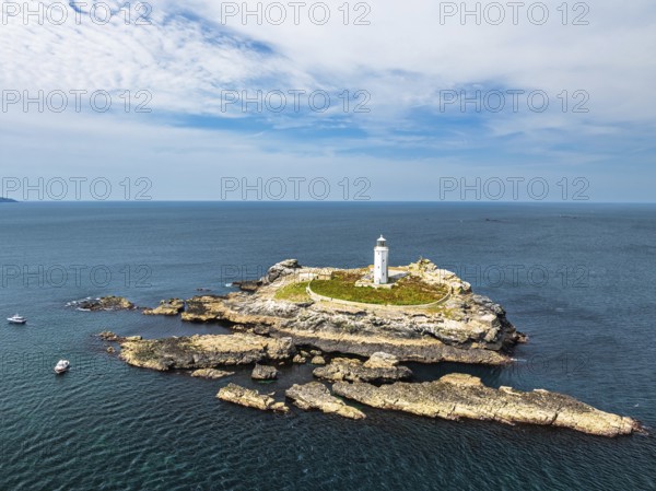Godrevy Lighthouse from a drone, Godrevy Island, St Ives Bay, Cornwall, England, United Kingdom