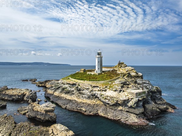Godrevy Lighthouse from a drone, Godrevy Island, St Ives Bay, Cornwall, England, United Kingdom
