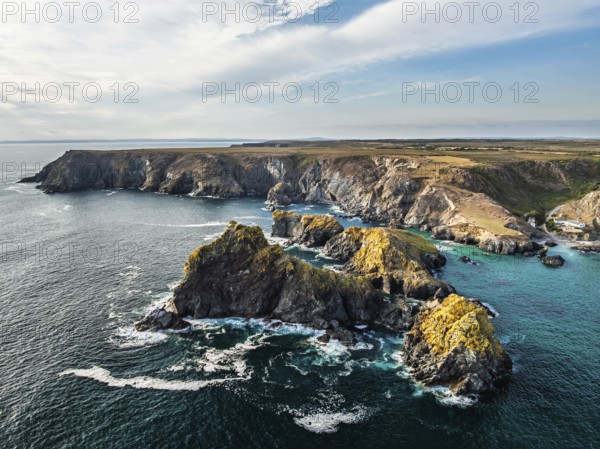 Kynance Cove from a drone, Mount's Bay, Lizard Point, Cornwall, England, United Kingdom