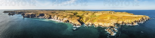 Panorama of Lizard Peninsula cliffs from a drone, South West Coast Path, Lizard, Cornwall, England, United Kingdom