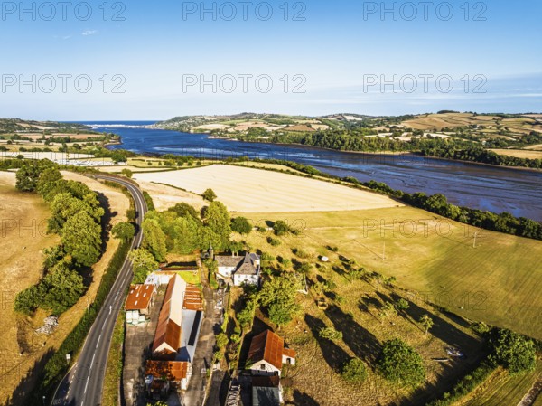Farms and Fields over River Teign and Teignmouth Road from drone, Newton Abbot, Devon, England, United Kingdom