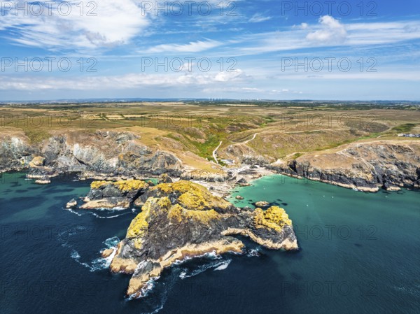 Kynance Cove from a drone, Mount's Bay, Lizard Point, Cornwall, England, United Kingdom