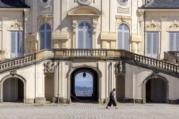 Solitude Palace, a hunting and pleasure palace built by Duke Carl Eugen von Württemberg in the late Baroque style during the Absolutist period. Exterior view. Stuttgart, Baden-Württemberg, Germany