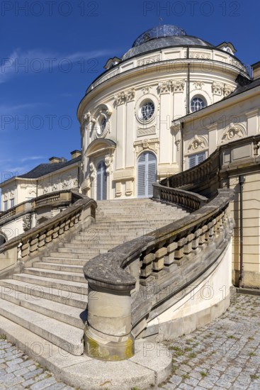 Solitude Palace, a hunting and pleasure palace built by Duke Carl Eugen von Württemberg in the late Baroque style during the Absolutist period. Exterior view. Stuttgart, Baden-Württemberg, Germany