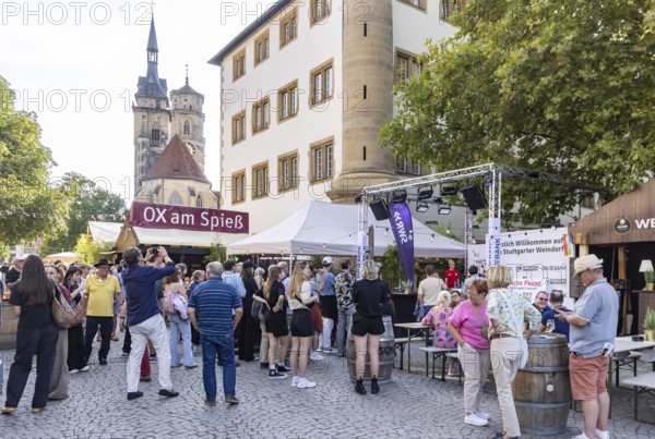 Stuttgart wine village in front of the two towers of the collegiate church. Wine festival on Schillerplatz and Marktplatz in the centre of the state capital Stuttgart, Baden-Württemberg, Germany