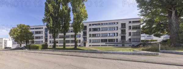 Weissenhof Estate on the Killesberg in Stuttgart. The Werkbund Estate was built in 1927 by the Deutscher Werkbund under the direction of Ludwig Mies van der Rohe by leading representatives of Neues Bauen, partly using experimental materials. Stuttgart, Baden-Württemberg, Germany