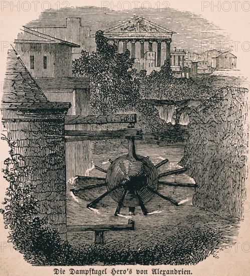 Heron of Alexandria or Heron's ball of steam, Aeolian ball, rotating ball of wind, release of latent heat, heat engine, expansion of water vapour, recoil principle, water, boiling point, experiment, ancient city, temple with columns, inventions of antiquity, technology, historical illustration 1872, Germany