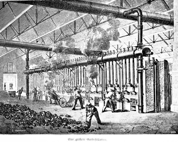 A larger gas distillation, production, stoker, worker, gas distillation, factory, hall, pipes, coal, inventions in the 19th century, technology, industry, historical illustration 1872, Germany
