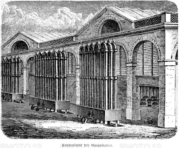 Condenser of the gasworks, gas for lighting, streetlights, lamps, public utilities, gasworks, light, production, brightness, buildings, inventions in the 19th century, technology, industry, historical illustration 1872, Germany