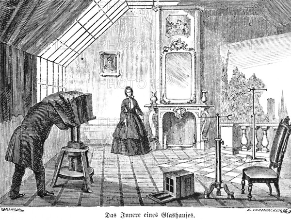 The interior of a glass house, portrait photographer with view camera on tripod, wooden tripod, accessories, mirror, woman in costume, background, bright room, inventions in the 19th century, technology, photography, historical illustration 1872, Germany