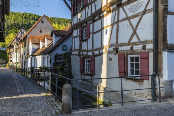 Row of half-timbered houses, Aachgasse, Little Venice, Blaubeuren, Swabian Alb, Baden-Württemberg, Germany
