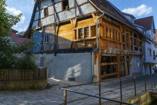 Partially renovated half-timbered house, Aachgasse, Klein Venedig, Blaubeuren, Swabian Alb, Baden-Württemberg, Germany