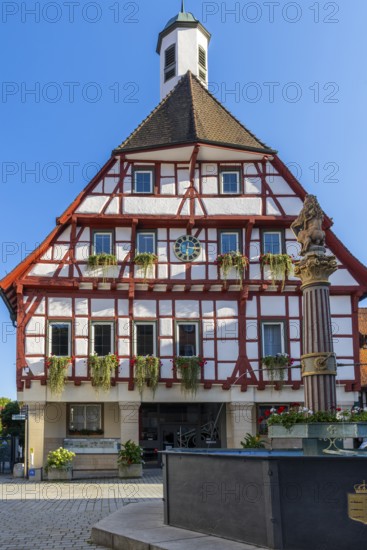 Half-timbered house, town hall, fountain, Blaubeuren, Swabian Alb, Baden-Württemberg, Germany